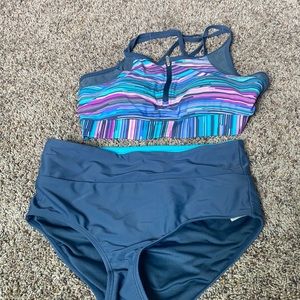 Blue High Waisted Swim Bottoms with Zip Up Multi-Colored Striped Swim Top